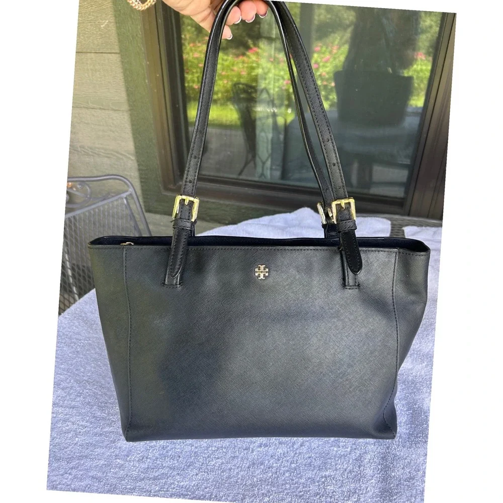 Tory Burch York Small Buckle Tote Black Saffiano Leather Work Shoulder Bag